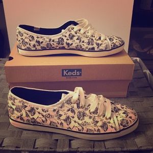 Black and white floral keds