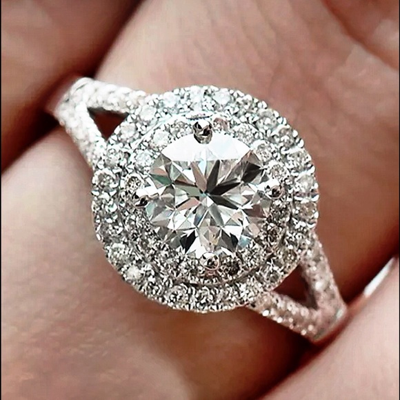 925 Sterling Silver double Halo sapphire Ring - Picture 1 of 4