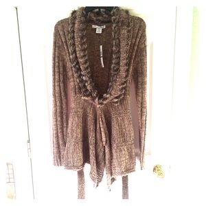 Brown tweed faux fur top NWT