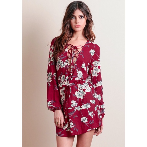 Dresses & Skirts - Red Wine Floral Lace Up Long Sleeve Dress