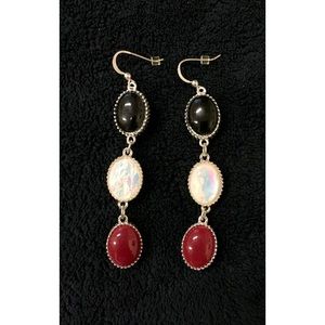 never worn black, opal, and red dangle earrings