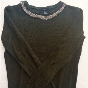 Forever 21 Olive Green Beaded Neckline Sweater