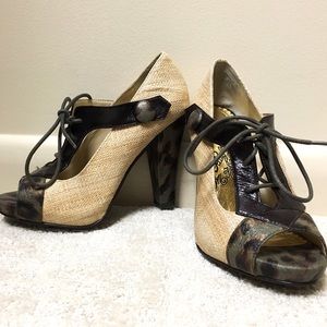 Laced Up Tan High Heels with Open Toe Front