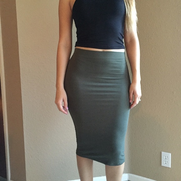 Olive Midi Pencil Skirt - Picture 3 of 4