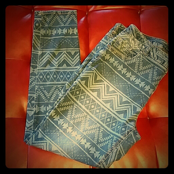 Aztec design bleach denim jeans