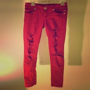 Red Tattered Skinny Jeans
