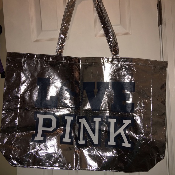 PINK Victoria's Secret Handbags - VS Love PINK Metallic HUGE Silver Tote Bag NWOT