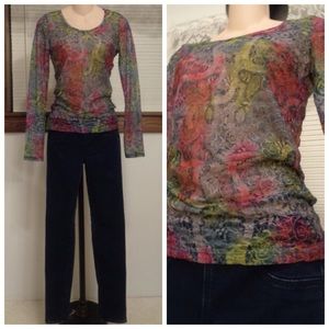 Colorful Lace Sheer Long Sleeve Shirt M Like New