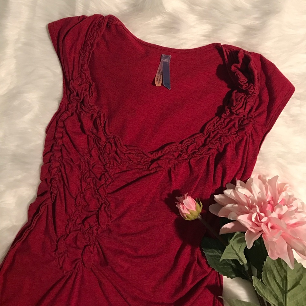Anthropologie Red Gathered T-Shirt