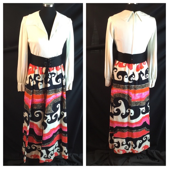 60s Miss Bullock Cotton Barkcloth Wave Maxi Dress - Picture 4 of 7