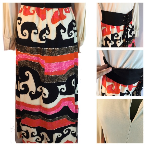 60s Miss Bullock Cotton Barkcloth Wave Maxi Dress - Picture 5 of 7