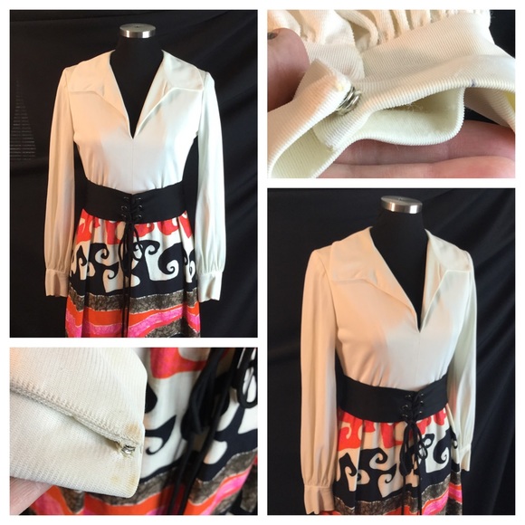 60s Miss Bullock Cotton Barkcloth Wave Maxi Dress - Picture 7 of 7