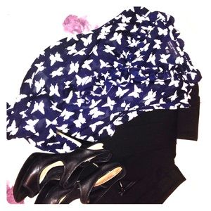 Jones New York Navy Blouse with Butterfly Pattern