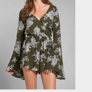 A&F Olive Floral Bell Sleeve Romper NWT
