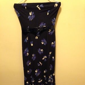 Black dress with blue and white flowers