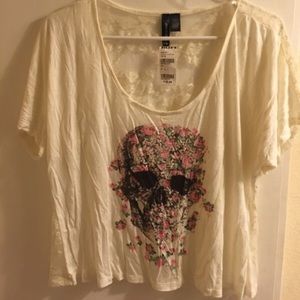 Floral Skull Lace Back Cream Crop Size L