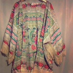 Floral Kimono with Fringe