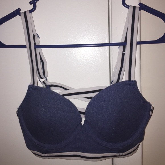 Navy Blue Black & White Striped Bra