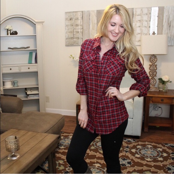 🆕 Plaid Flannel Shirt, Red/Black - Picture 2 of 4