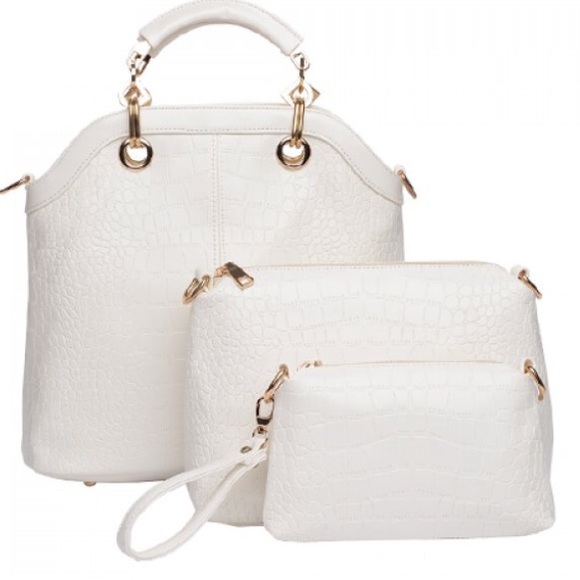 White and gold faux crocodile skin totes