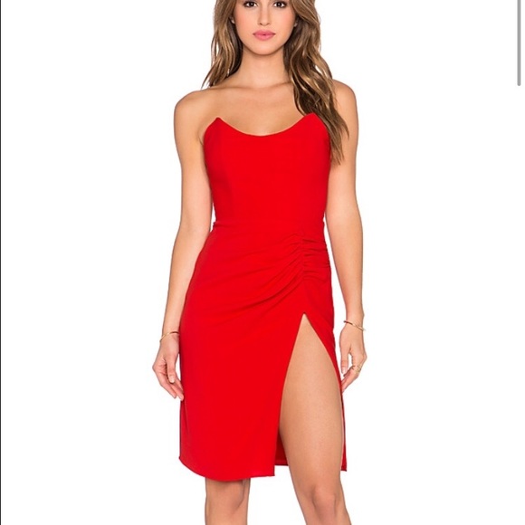 NBD strapless red dress with slit