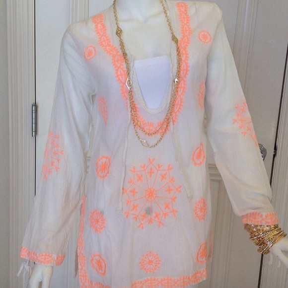 Surf Gypsy Embroidery Tunic Cover Up OrangeCoral L
