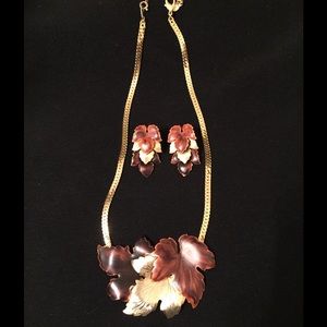 Brown & Gold Leaves Necklace & Matching Earrings