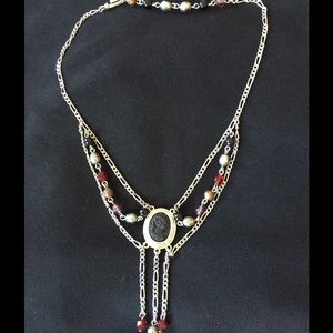 Black Cameo Silver Necklace Multicolored Beads