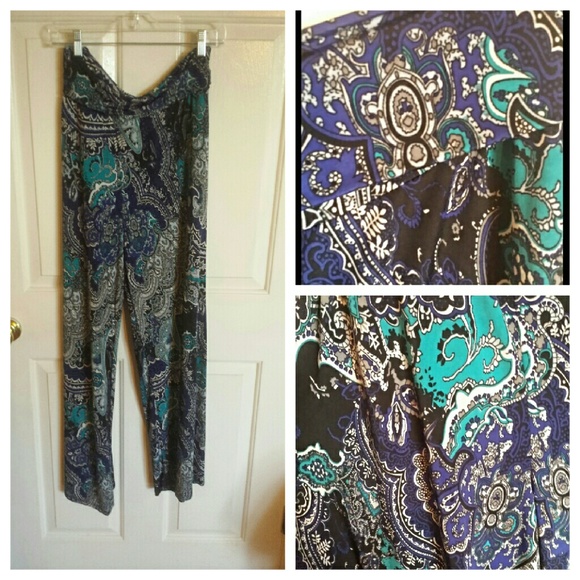 Multi-Blue and Black Paisley Palazzo Pants