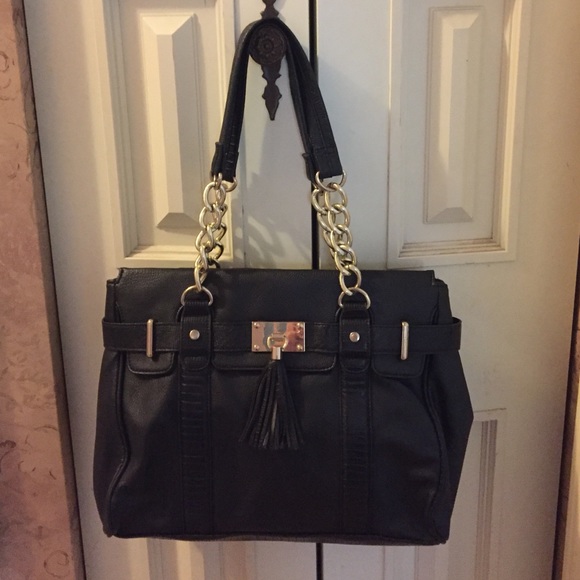 Black leather satchel with gold hardware