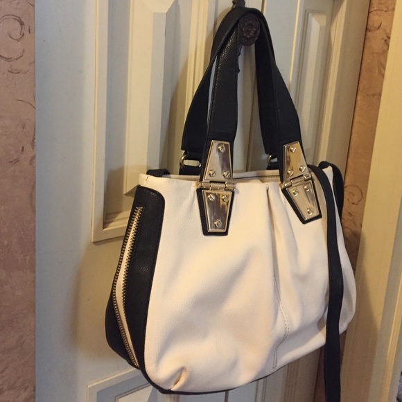 Black/white leather shoulder bag w/ gold accents