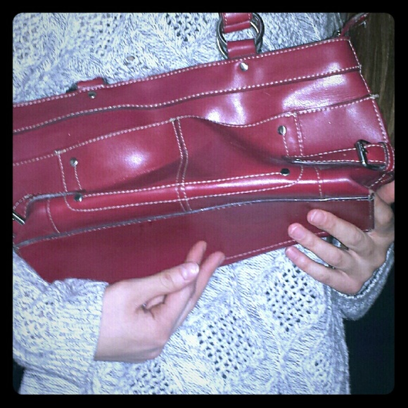 Red leather handbag