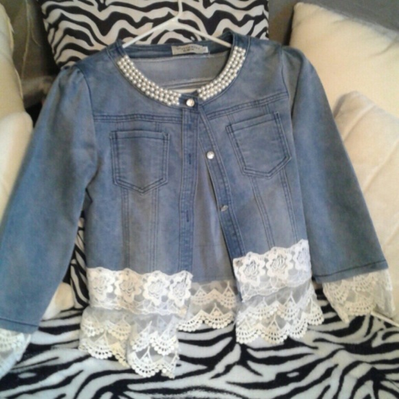 denim jacket with lace and pearls