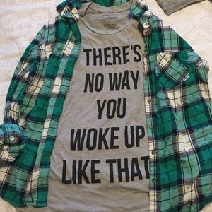 Adorable graphic tank with blue flannel!