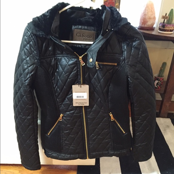 Black quilted faux fur riding jacket with hood