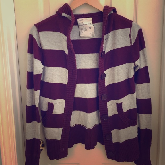 Burgundy and gray striped cardigan with hood