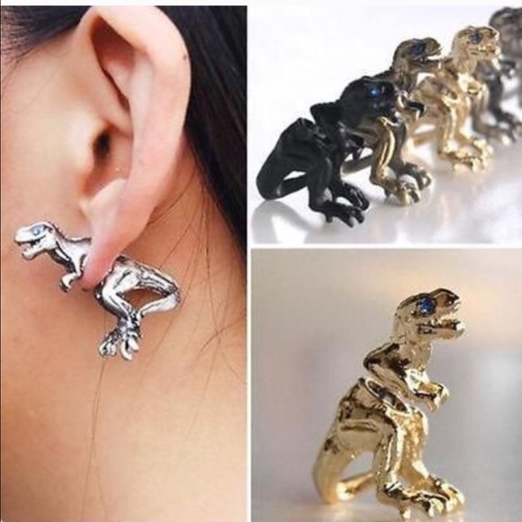 Silver T-Rex Dinosaur Earrings - Picture 6 of 6