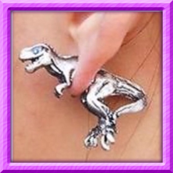 Silver T-Rex Dinosaur Earrings - Picture 4 of 6