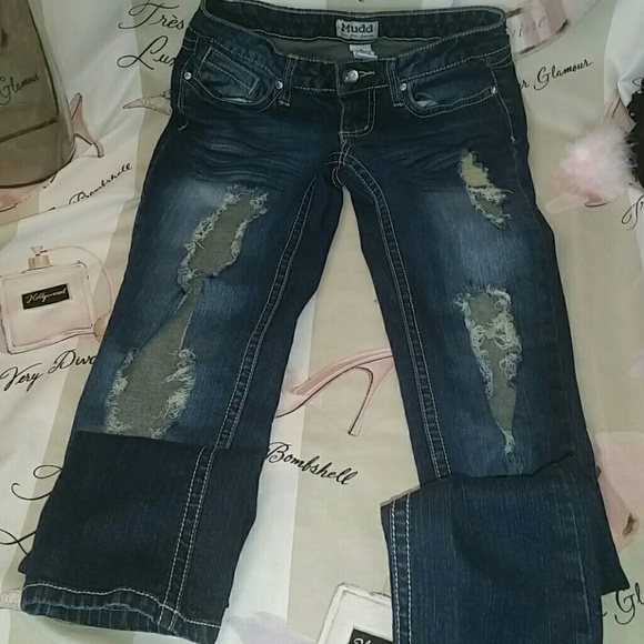 Mudd distressed dark skinny jeans bling pockets 3