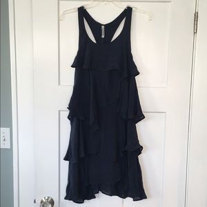 Navy Blue Linen Ruffle Dress