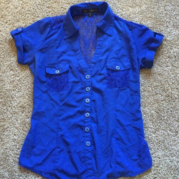 Blue Button Down Blouse w/Lace Back