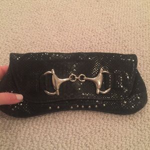 Black faux snake skin clutch with silver hardware