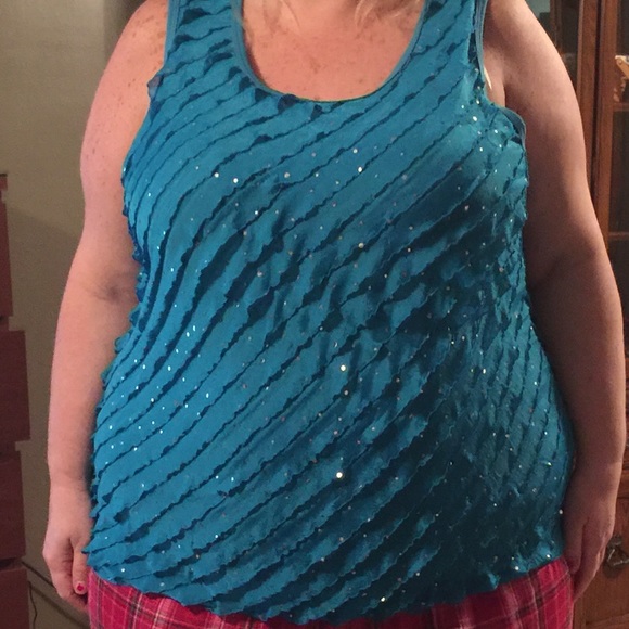 Blue sequin ruffle tank top