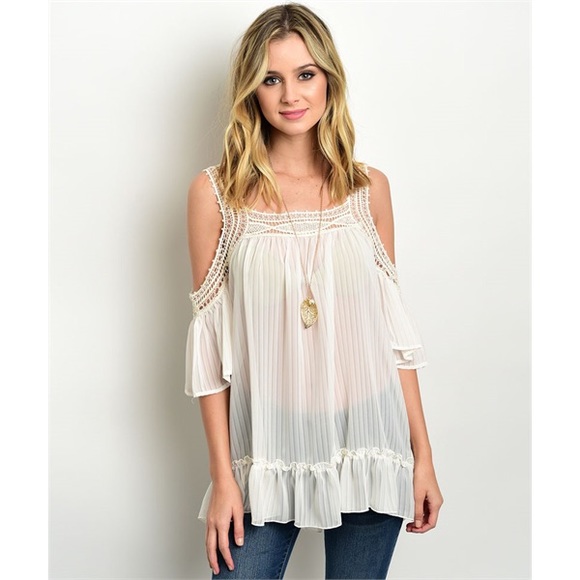 Boutique Tops - Cold Shoulder Ivory Crochet Tunic Top Medium
