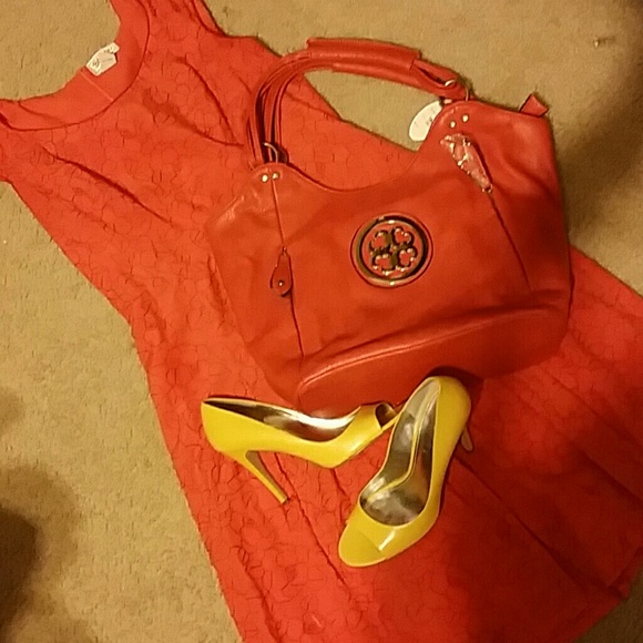 Orange floral dress.