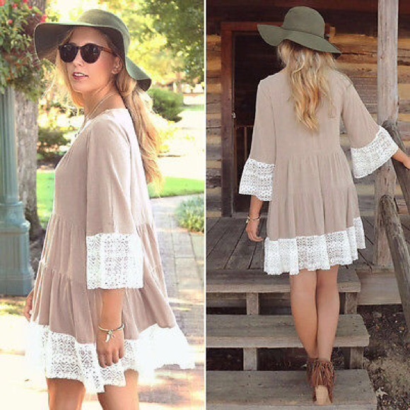New Khaki color BoHo Lace Style Dress - Picture 2 of 2