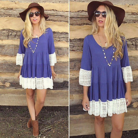 Sexy New Violet  Blue Scoop neck Dress with Lace - Picture 2 of 3