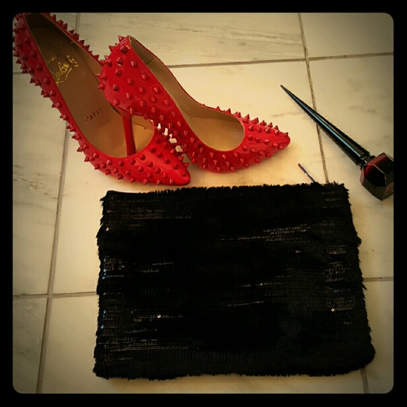 BCBG Fur and Sequin Black Clutch