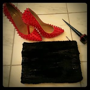 BCBG Fur and Sequin Black Clutch