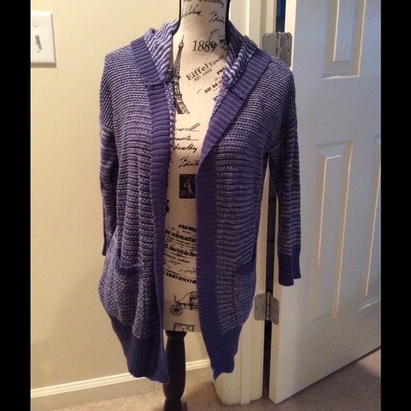 Blue and white cardigan sweater.